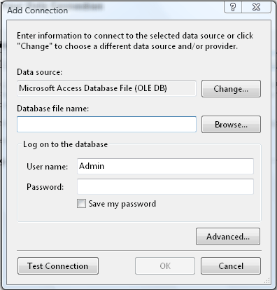 ... " and select the sample.mdb file. Clear the User name and Password